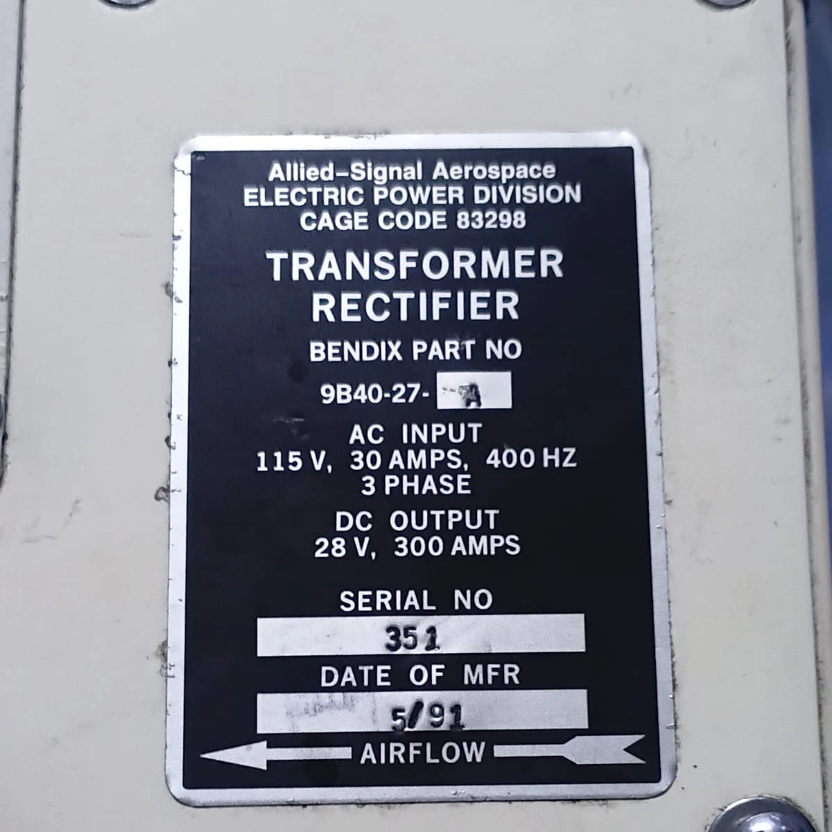 Allied-Signal Aircraft Transformer Rectifier Unit 28VDC 9B40-27-A
