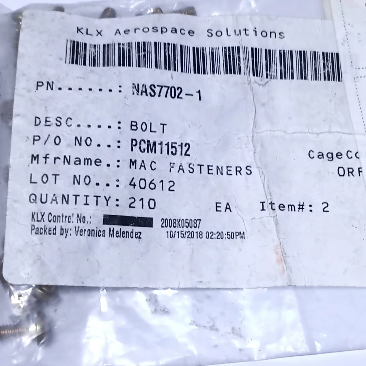 Pan Head Close-Tolerance Bolt NAS7702-1