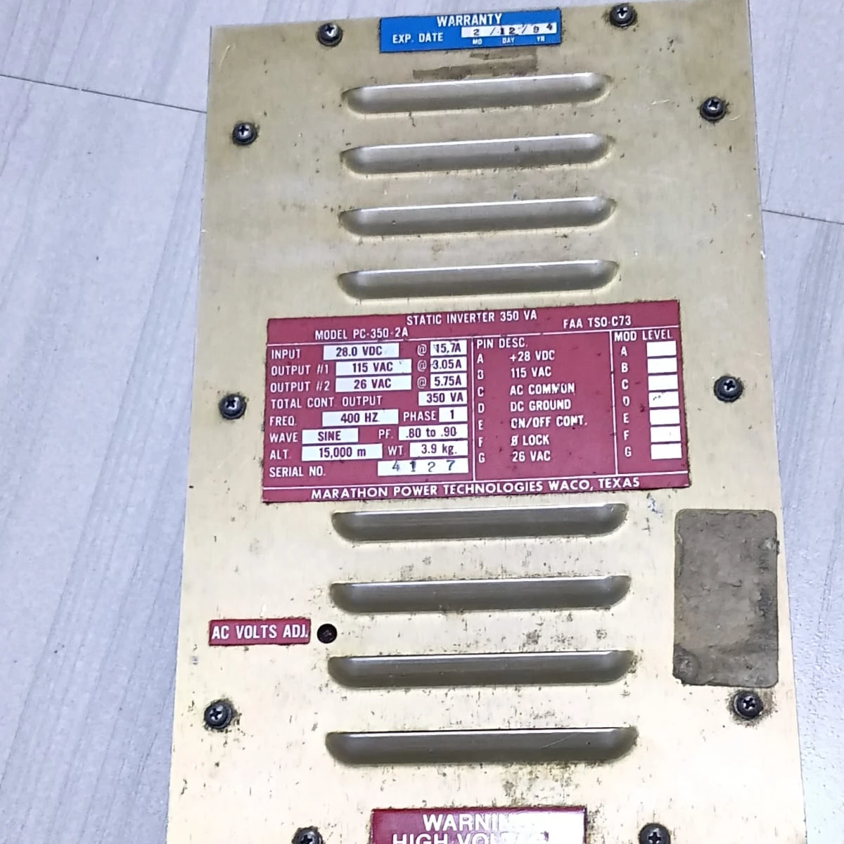 Marathon Power Technologies 350 VA Aircraft Static Inverter PC-350-2A