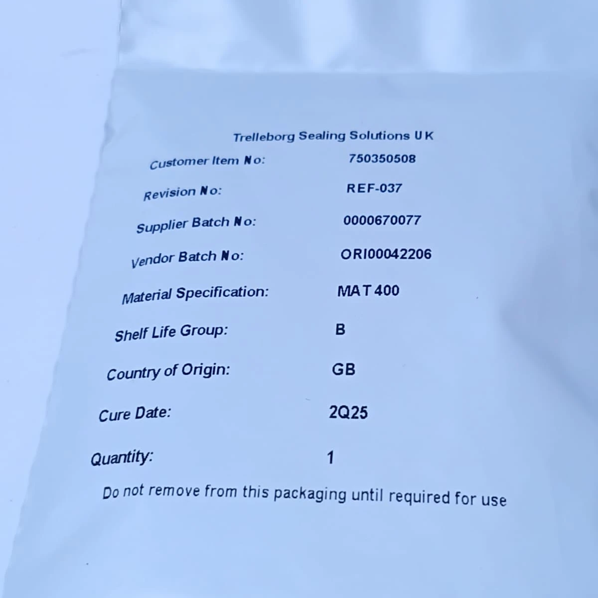 Elastomeric O-Ring Aerospace Grade Seal 750350508